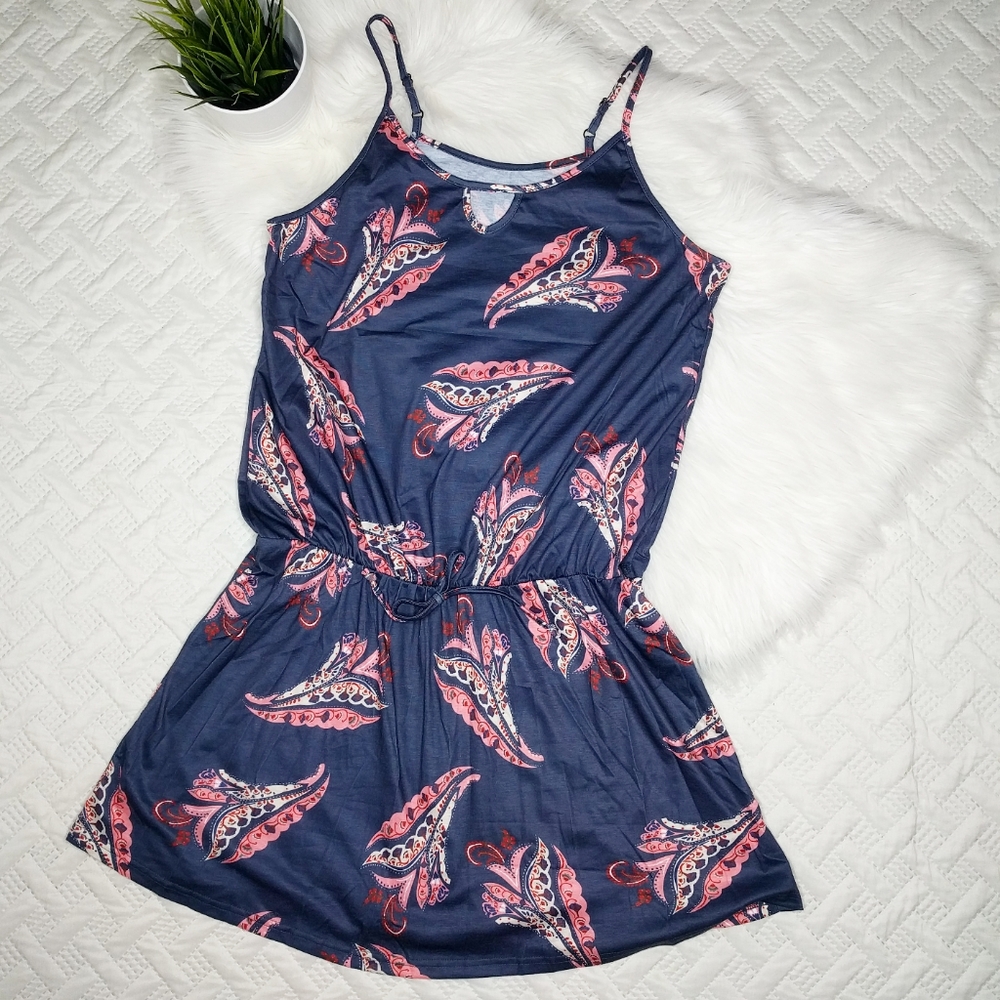 New Soft Navy and Peach Printed Strap Dress